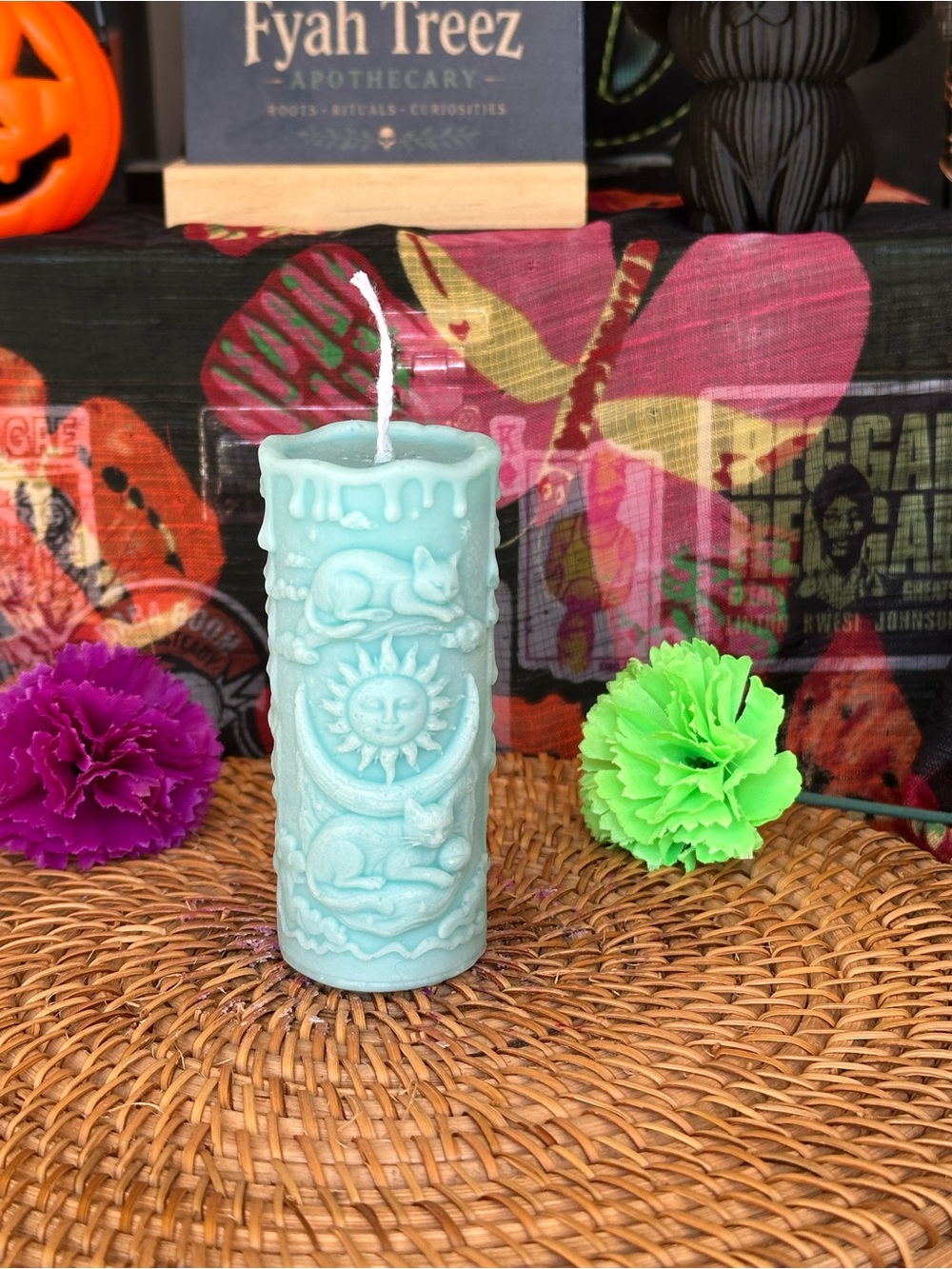 Celestial Cat Moon Pillar Candle – Icy Blue